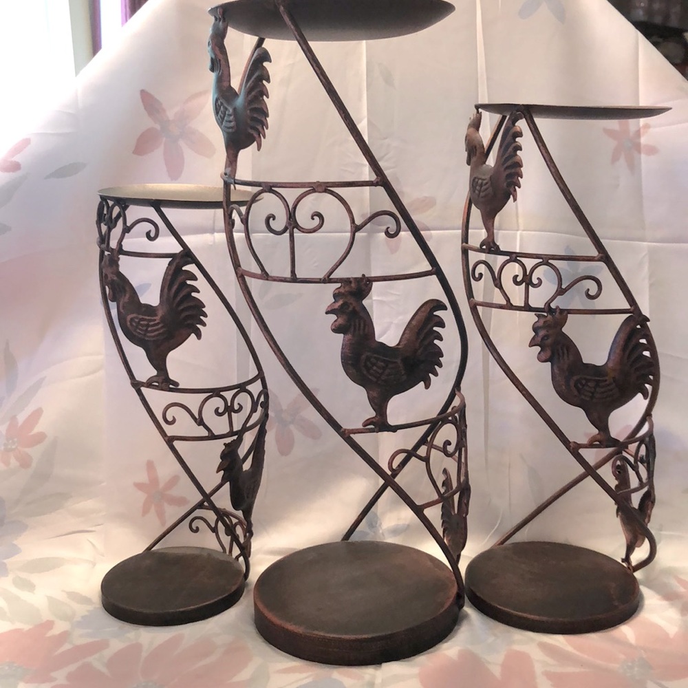 Three Stackable Rooster Motif Pillar Candle Holders 16.5x6”, 13.75x5”& 12x4.25”